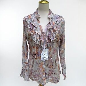Cino Sundance Floral Paisley Ruffle Top L Purple Cotton Crinkle Boho Shirt NWT